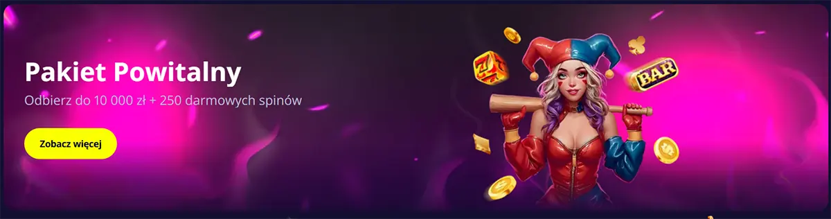 Polish casino welcome banner featuring a jester-style character, glowing pink-purple background, and a welcome package offer of up to 10,000 zł plus 250 free spins with a yellow call-to-action button.