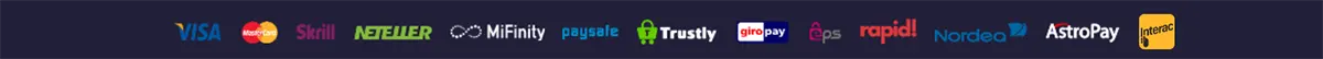 Payment methods banner displaying Visa, Mastercard, Skrill, Neteller, MiFinity, paysafe, Trustly, giropay, eps, Rapid Transfer, Nordea, AstroPay, and Interac logos on a dark blue background.