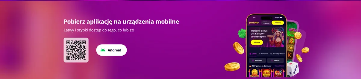 Polish mobile app download banner with a QR code, Android button, and smartphone mockup on a pink-to-purple gradient background.