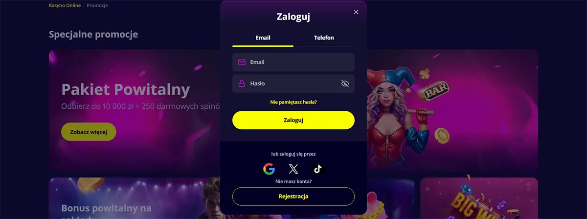Polish casino login popup with email and password fields, a bright yellow login button, social sign-in icons, and a blurred promotions background in pink and purple tones.